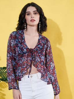 ANVI Be Yourself - Women Floral Printed Blue Chiffon Casual Front Tie-Ups Crop Top