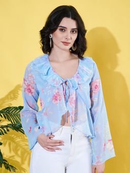 ANVI Be Yourself - Women Floral Printed Blue Chiffon Casual Front Tie-Ups Crop Top