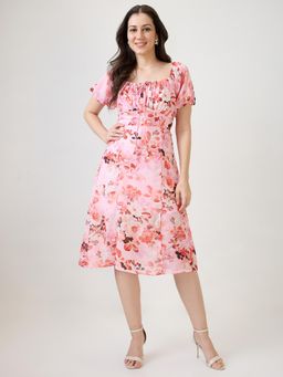 Globus - Women Pink Floral Printed Puff Sleeves Side Slit Fit and Flare Midi Dress