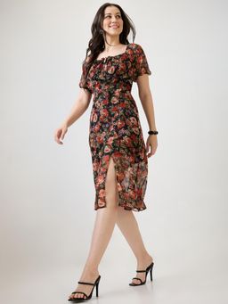 Globus - Women Black Allover Floral Printed Puff Sleeves Side Slit Fit and Flare Midi Dress