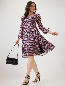 Globus - Women Purple Georgette Bishop Sleeves Stylized Back Fit and Flare Knee Length Dress