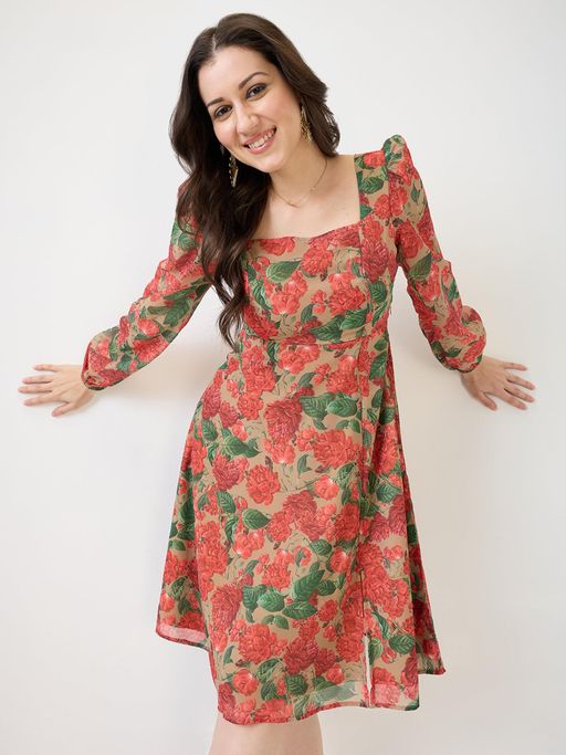 georgette knee length dress Santorelli Abstract Georgette Fit & Flare Knee-Length Dress