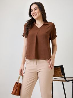 Globus - Women Brown Collar Neck Extended Sleeves Shirt Style Workwear Top