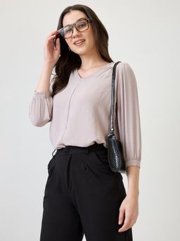 Globus - Women Grey Self Design V-Neck Gathered Detail Workwear Top