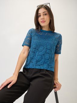 Globus - Women Teal Round Neck Short Sleeves Opaque Floral Lace Party Top