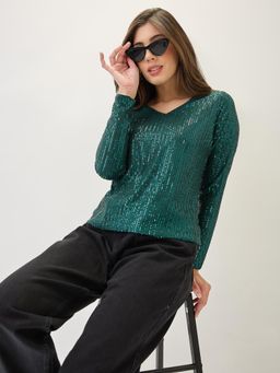 Globus - Women Green V-Neck Long Sleeves Embellished Party Top