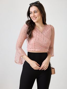 Globus - Women Pink V-Neck Embellished Sheen Waist Tie-Up Party Crop Top