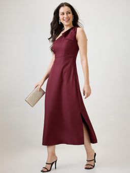 Globus - Women Maroon One Shoulder Bow Detail Side Slit A-Line Midi Party Dress