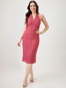 Globus - Women Pink Georgette Self Design Halter Tie-Up Neck Smocked Midi Bodycon Party Dress