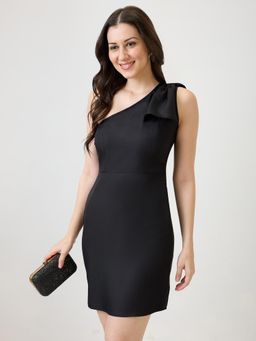 Globus - Women Black One Shoulder Bow Detail Sheath Mini Party Dress