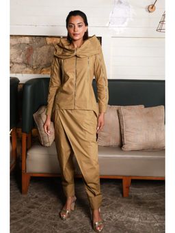 Echke - Khaki Women Hooded Solid Top with Pant Co-Ord's