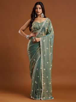 Kasee - Teal Embroidered Silk Blend Saree with Unstitched Blouse