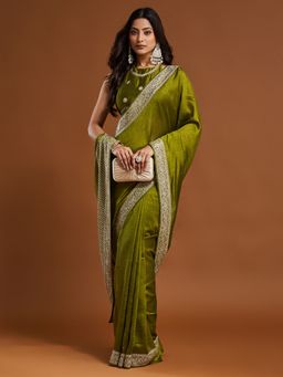 Kasee - Olive Embroidered Cotton Silk Saree with Unstitched Blouse