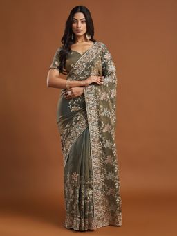 Kasee - Green Embroidered Silk Blend Saree with Unstitched Blouse