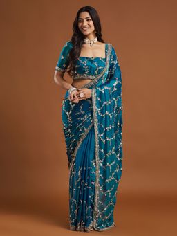 Kasee - Turquoise Embellished Silk Blend Saree with Unstitched Blouse