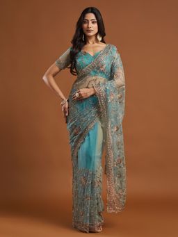 Kasee - Teal Embroidered Net Saree with Unstitched Blouse