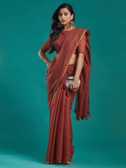 Kasee - Rust Solid Silk Blend Saree with Unstitched Blouse