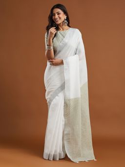 Kasee - Olive Green Lilen Blend Saree with Unstitched Blouse