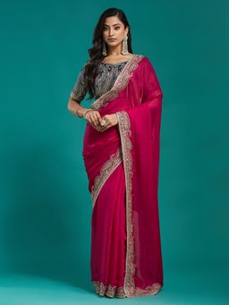 Kasee - Rani Pink Embroidered Silk Blend Saree with Unstitched Blouse