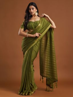 Kasee - Olive Solid Art Silk Saree with Unstitched Blouse