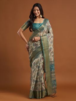 Kasee - Beige Printed Art Silk Saree with Unstitched Blouse