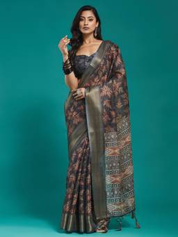 Kasee - Grey Printed Art Silk Saree with Unstitched Blouse