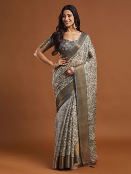 Kasee - Grey Floral Printed Art Silk Saree with Unstitched Blouse