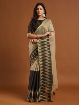 Kasee - Black Ikat Design Art Silk Saree with Unstitched Blouse
