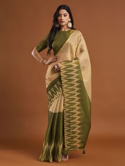 Kasee - Olive Ikat Design Art Silk Saree with Unstitched Blouse