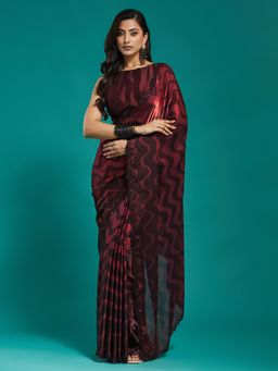Kasee - Maroon Printed Silk Blend Saree with Unstitched Blouse
