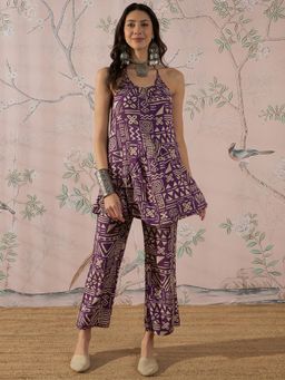 InWeave - Dusty Mauve Ethnic Halter Strapp Co-Ord Set