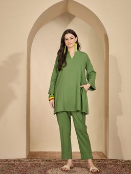 InWeave - Green Band Collar Kurta with Pant