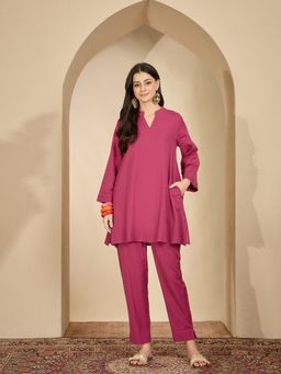 InWeave - Bright Pink Band Collar Kurta with Pant