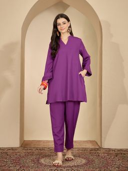 InWeave - Purple Band Collar Kurta with Pant