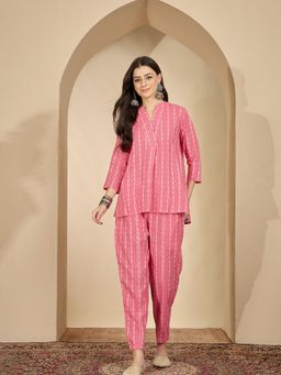 InWeave - Pink Kantha V Neck Co-Ord Set