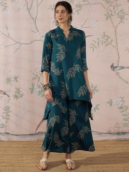 InWeave - Dark Teal Leaf Mandarin Kurta with Palazzo