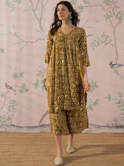 InWeave - Dark Yellow Ethnic V-neck Flared Kurta with Palazzo
