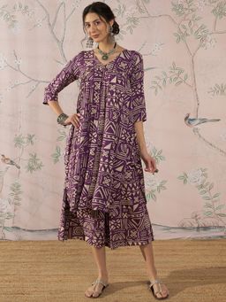 InWeave - Dusty Mauve Ethnic V-neck Flared Kurta with Palazzo