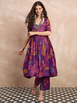 InWeave - Purple Leaf U Neck Button Kurta with Palazzo