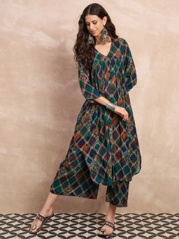 InWeave - Blue Multi V Neck Flared Kurta with Palazzo