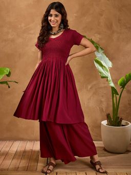 InWeave - Barn Maroon Silk V Neck Smocking Kurta with Palazzo