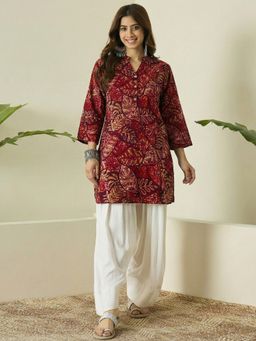 InWeave - Maroon Leaf White Kurta with Salwar