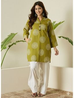 InWeave - Olive Circle Print Kurta with White Salwar