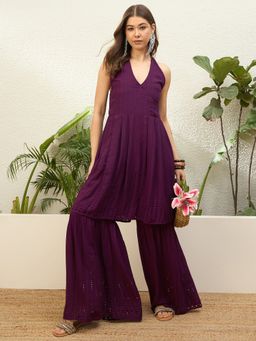 InWeave - Wine Lace Work Backless Kurta with Sharara