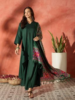 InWeave - Dark Green Mandarin Kurta with Palazzo and Dupatta