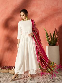 InWeave - White Anarkali Kurta with Pant and Dupatta