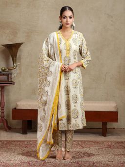 Cotton Culture - Yellow Floral Printed A-Line Cotton Kurta with Pant and Dupatta