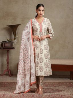 Cotton Culture - Peach Floral Printed A-Line Cotton Kurta with Pant and Dupatta