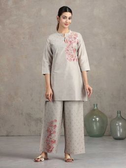 Cotton Culture - Light Grey Floral Embroidered Straight Co-Ord Set