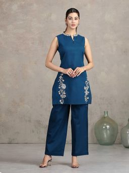 Cotton Culture - Navy Blue Floral Embroidered Straight Cotton Co-Ord Set